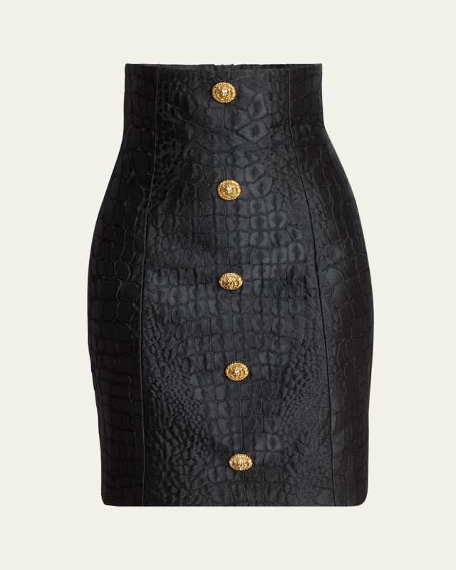 Croco Jacquard Button-Front Mini Pencil Skirt